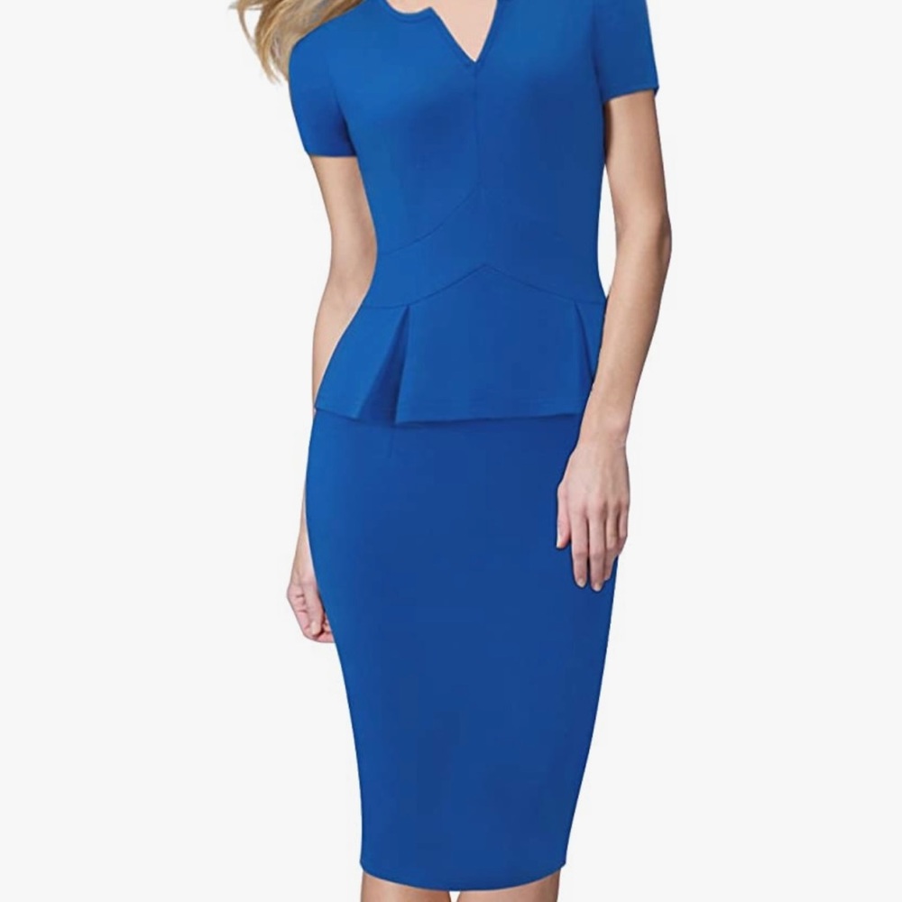 HOMEYEE Women's Elegant Short Sleeve V-Neck Peplum Party Pencil Dress
